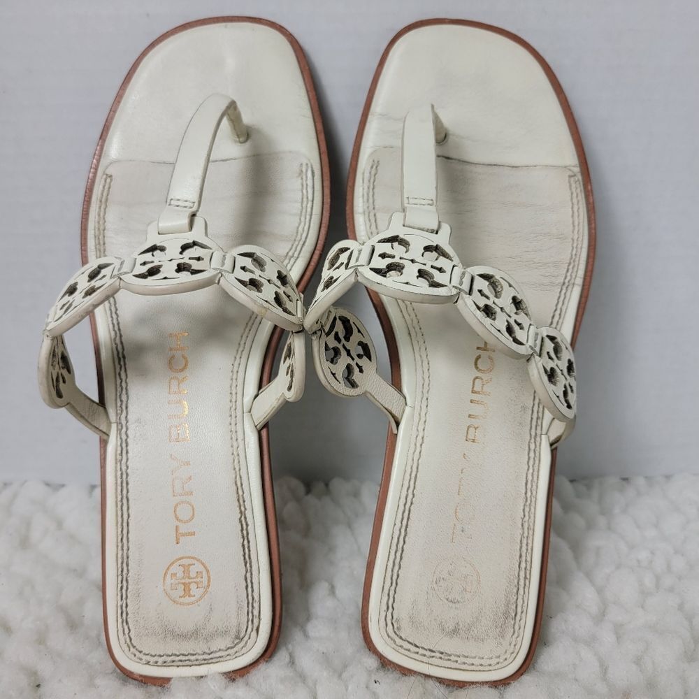 Tory Burch Tiny Miller 10mm Womens Sandals Size 6.5 Ivoiry Calf Leather Thong - Picture 8 of 10